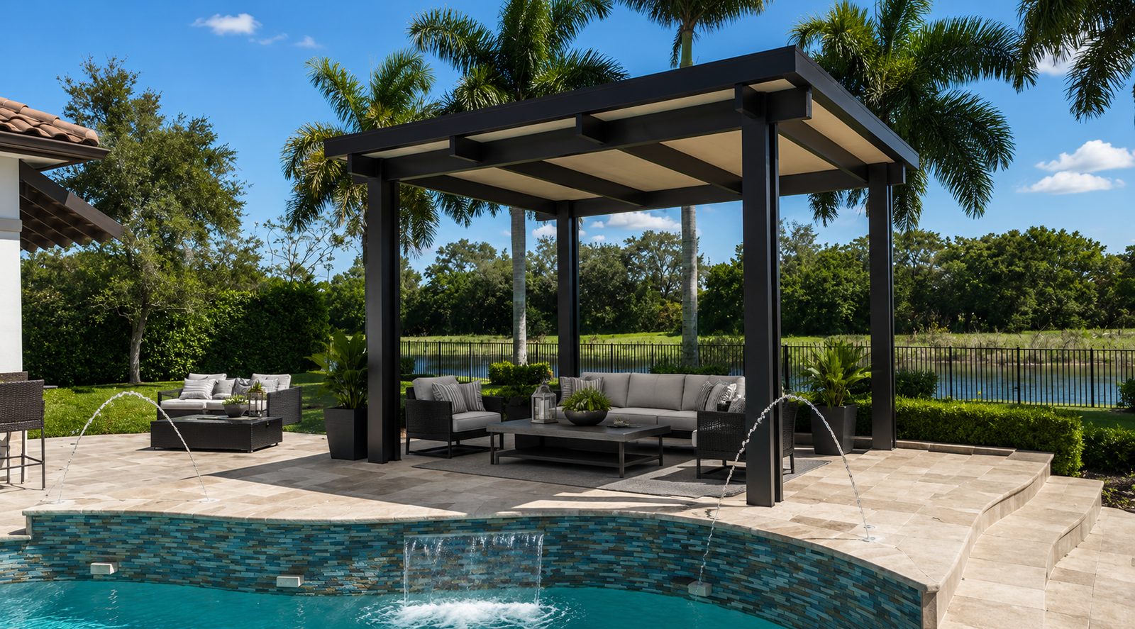 Black aluminum patio cover over a lounge seating area next to a pool with water features