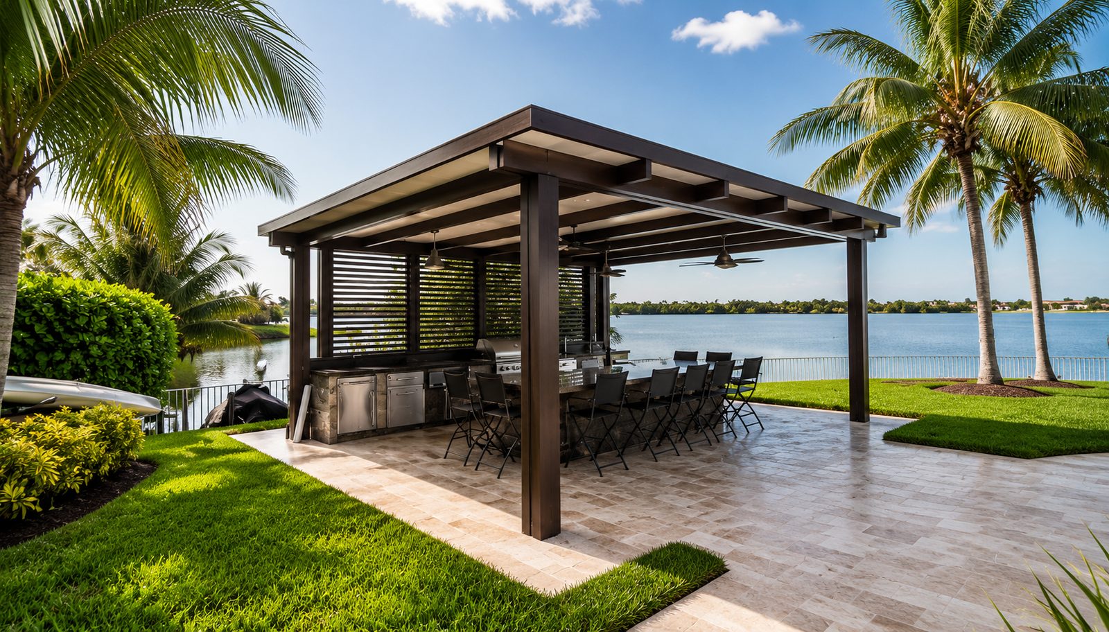 Bronze free-standing aluminum cover over a lakeside outdoor bar with seating for ten