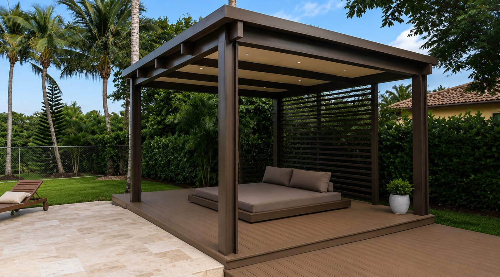 Brown aluminum patio cover with a slatted privacy screen over a daybed on a composite deck