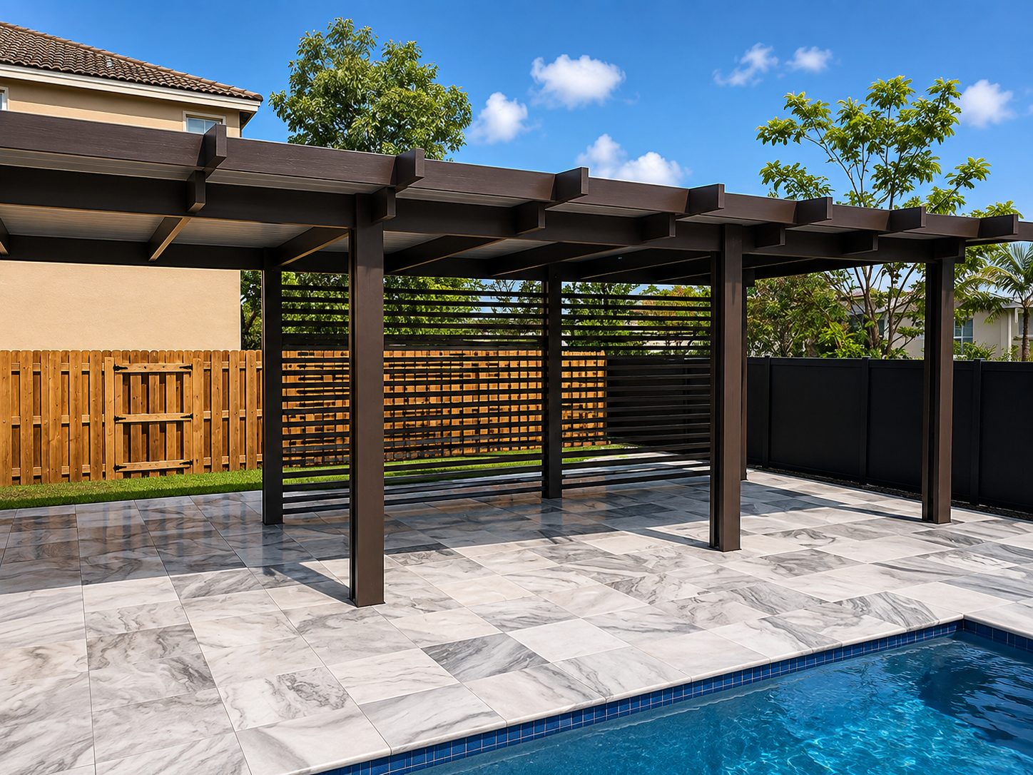 Brown aluminum pergola with a slatted privacy screen over a marble tiled pool deck