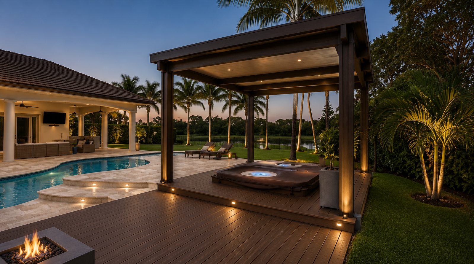 Bronze aluminum patio cover with recessed lighting over a spa deck beside a pool at dusk