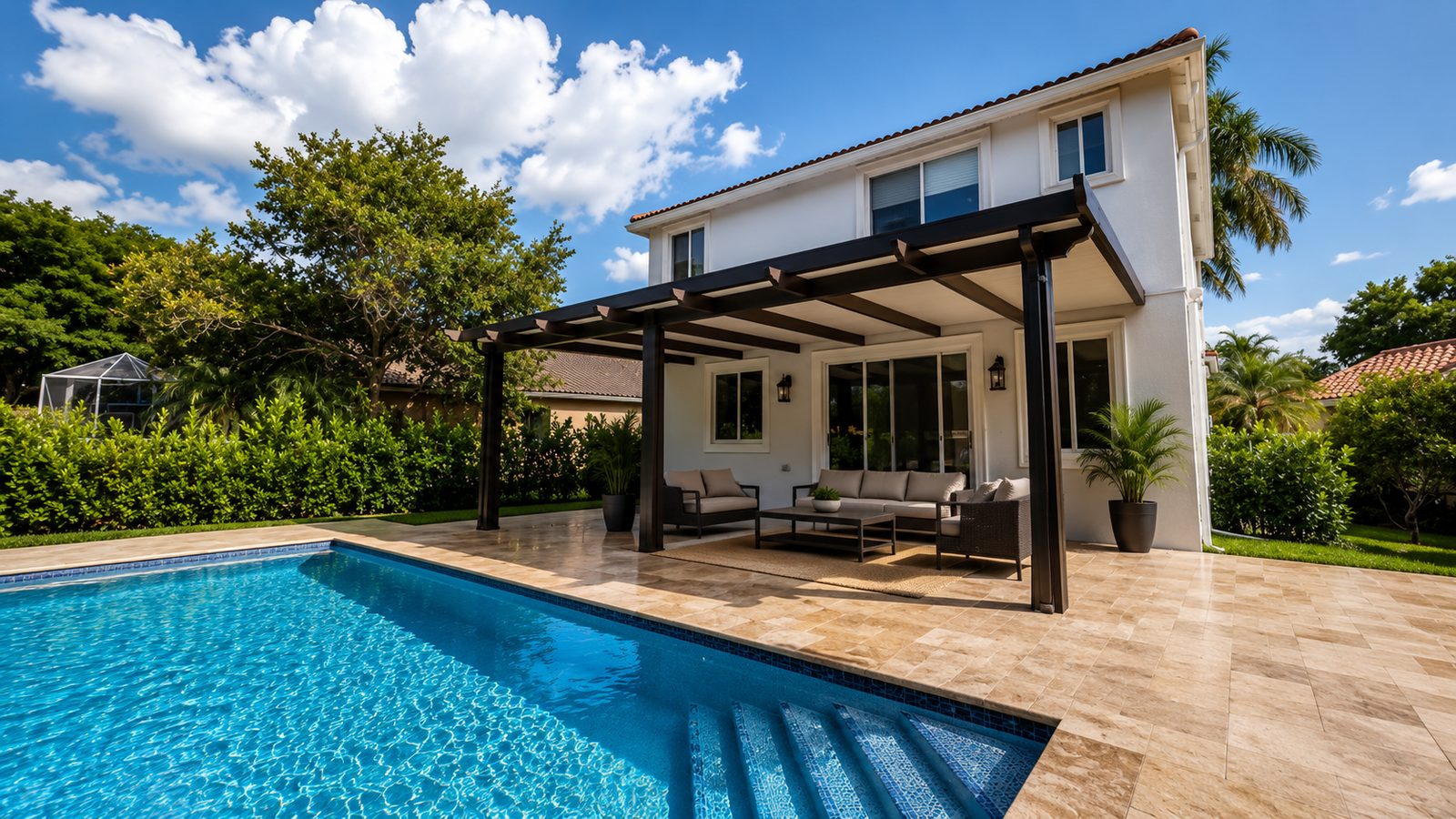 Bronze aluminum patio cover attached to a home, shading a seating area along a pool deck