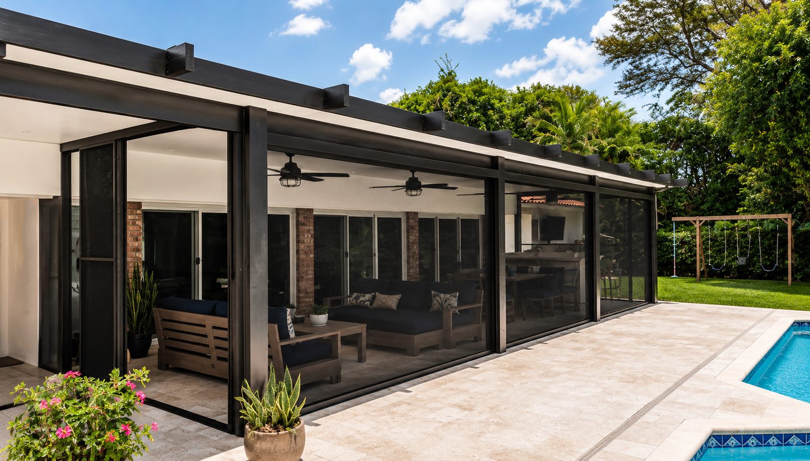 Black aluminum patio cover with motorized screens lowered, enclosing a poolside living and dining area