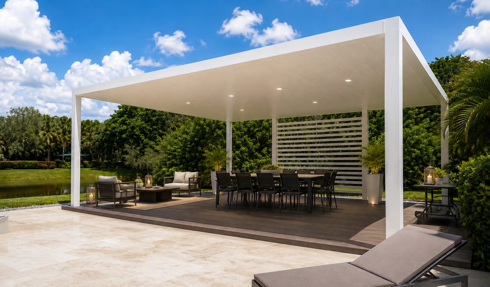 White free-standing aluminum patio cover with recessed lighting over a dining deck beside a lake