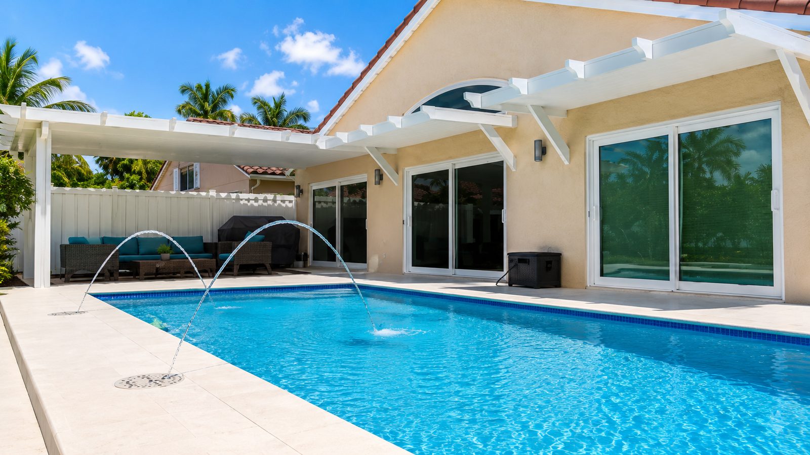 White aluminum patio cover with decorative rafter tails over a seating area beside a pool with arcing fountains