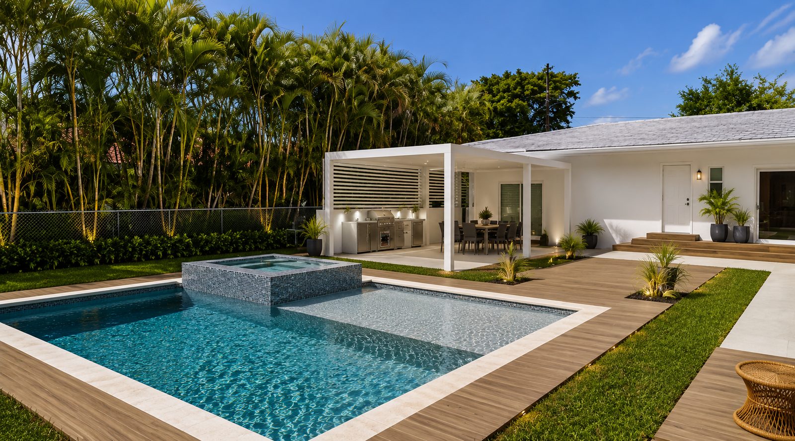 White aluminum patio cover with a slatted privacy screen over an outdoor kitchen and dining area beside a pool
