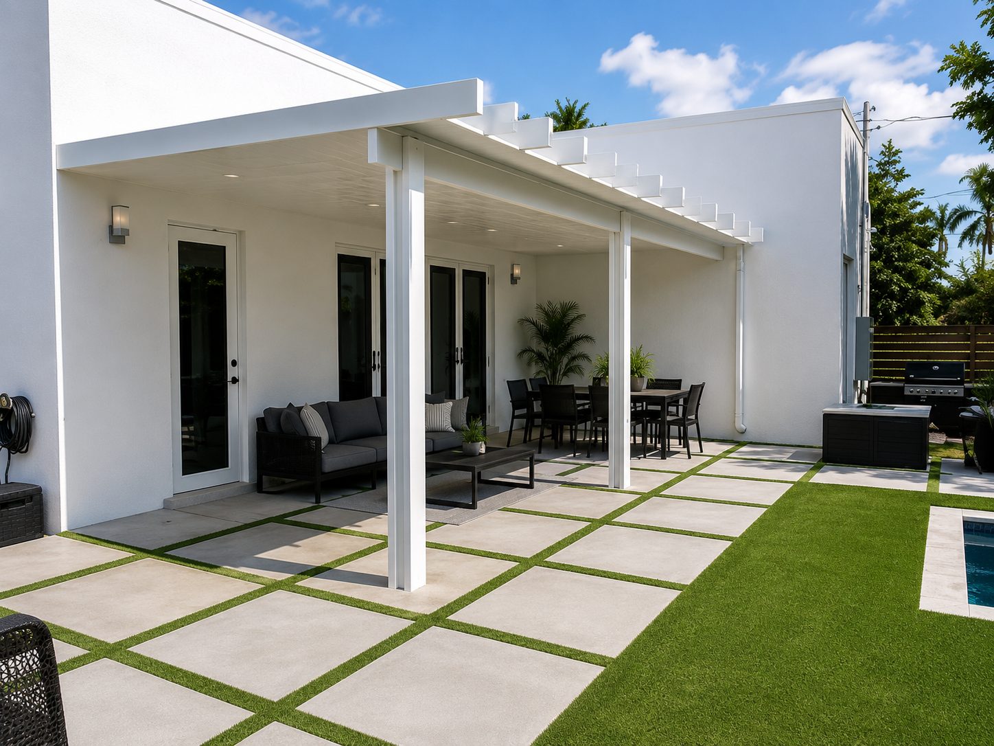 White aluminum patio cover over a seating and dining area on pavers set into turf