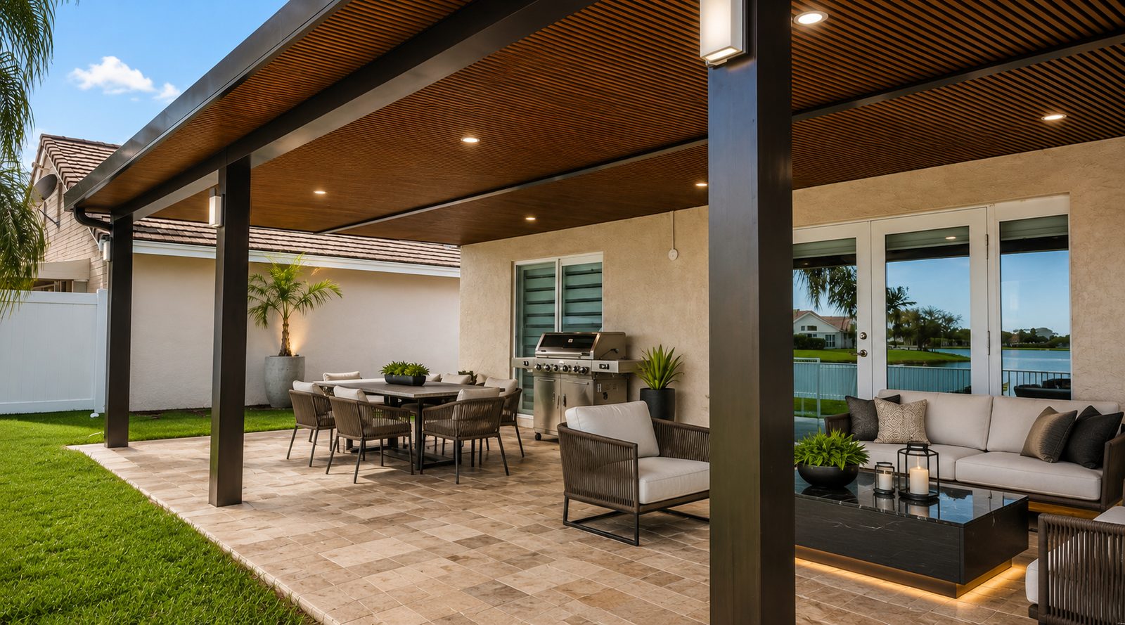 Aluminum patio cover with a wood-grain slatted ceiling and recessed lighting over a lakeside patio at dusk
